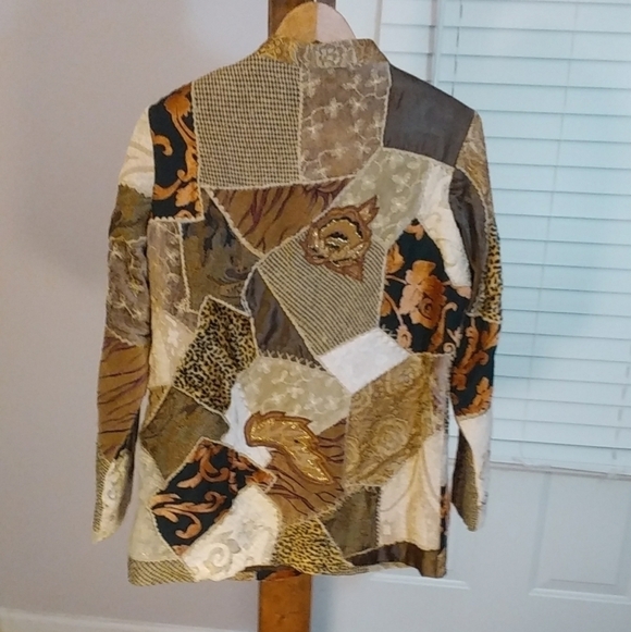 Alex Kim Patchwork Quilted Brown Gold Animal Print Floral Jacket Blazer Size S - Picture 3 of 10